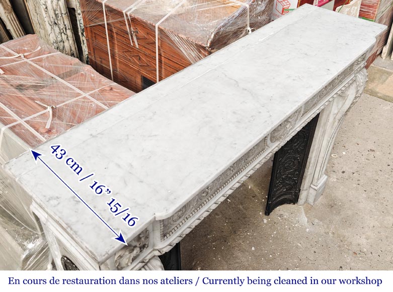 Louis XVI style Carrara marble fireplace with bead and rosette ornamentation-17
