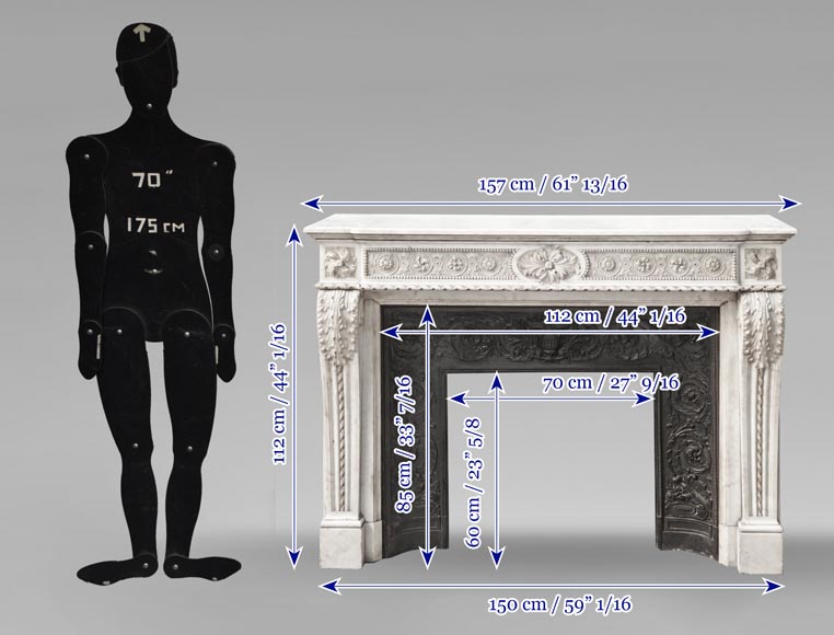 Louis XVI style Carrara marble fireplace with bead and rosette ornamentation-18