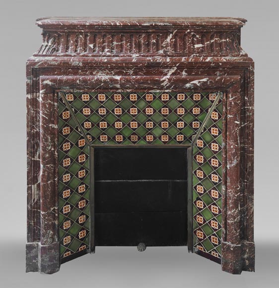 Louis XIV-style fireplace with acroterion, in Rouge du Nord marble-0