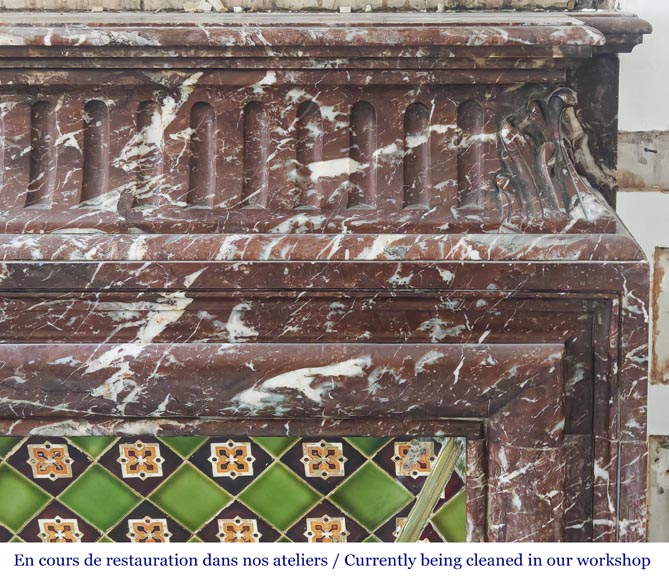 Louis XIV-style fireplace with acroterion, in Rouge du Nord marble-6