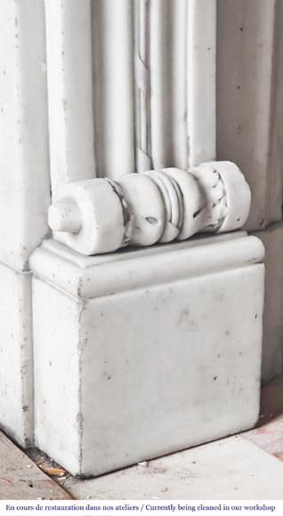 Louis XVI-style statuary marble fireplace featuring acanthus leaf and bead-and-reel motifs Louis XVI-style statuary marble fireplace featuring acanthus leaf and bead-and-reel motifs-6