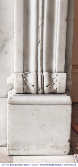 Louis XVI-style statuary marble fireplace featuring acanthus leaf and bead-and-reel motifs Louis XVI-style statuary marble fireplace featuring acanthus leaf and bead-and-reel motifs-9