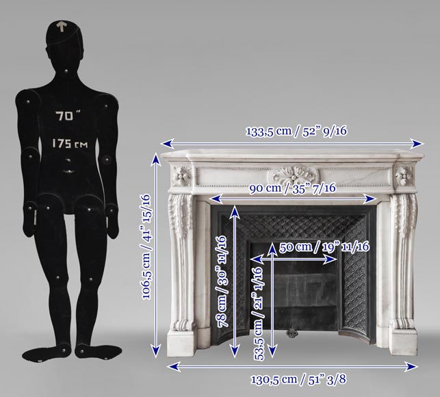 Louis XVI-style statuary marble fireplace featuring acanthus leaf and bead-and-reel motifs Louis XVI-style statuary marble fireplace featuring acanthus leaf and bead-and-reel motifs-12