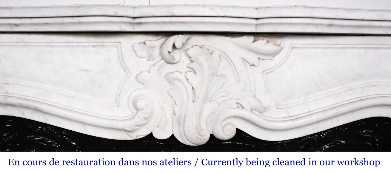 Louis XV-style fireplace in Carrara marble, featuring an asymmetrical palmette motif Louis XV-style fireplace in Carrara marble, featuring an asymmetrical palmette motif-1