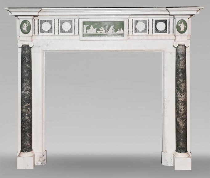 Victorian-style fireplace in statuary marble, featuring Ionic half-columns and a Wedgwood-style medallion decoration Victorian-style fireplace in statuary marble, featuring Ionic half-columns and a Wedgwood-style medallion decoration-0