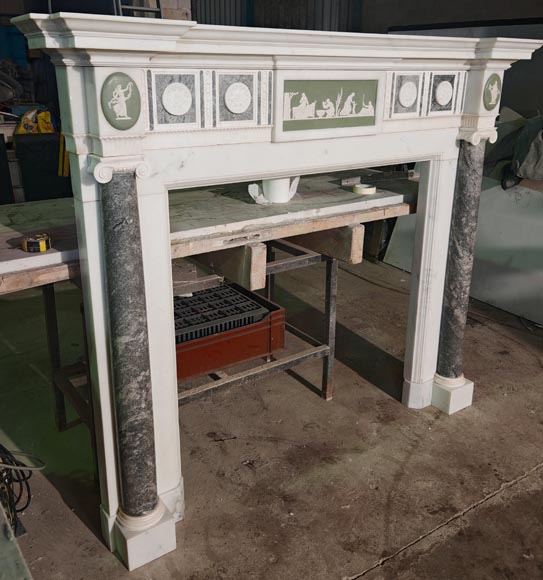 Victorian-style fireplace in statuary marble, featuring Ionic half-columns and a Wedgwood-style medallion decoration Victorian-style fireplace in statuary marble, featuring Ionic half-columns and a Wedgwood-style medallion decoration-6