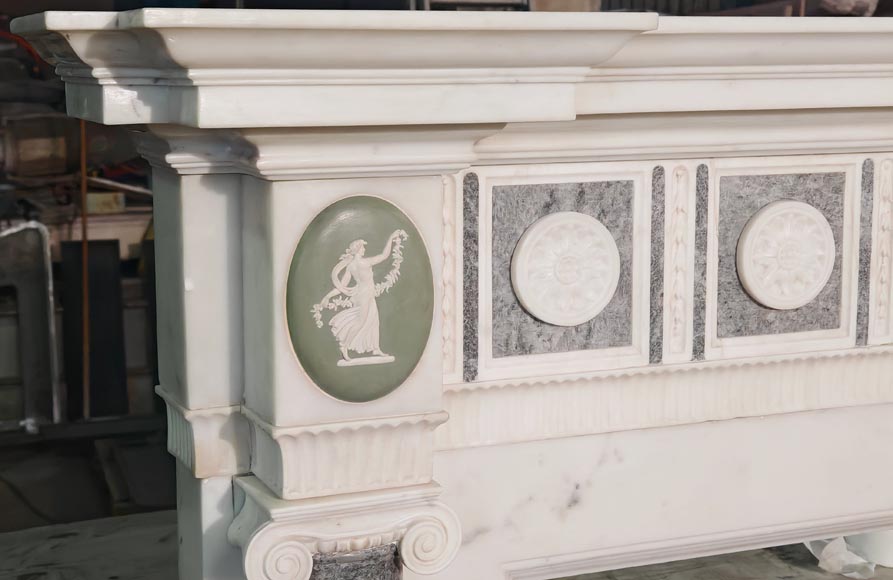 Victorian-style fireplace in statuary marble, featuring Ionic half-columns and a Wedgwood-style medallion decoration Victorian-style fireplace in statuary marble, featuring Ionic half-columns and a Wedgwood-style medallion decoration-7