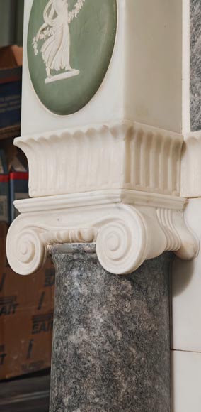 Victorian-style fireplace in statuary marble, featuring Ionic half-columns and a Wedgwood-style medallion decoration Victorian-style fireplace in statuary marble, featuring Ionic half-columns and a Wedgwood-style medallion decoration-9