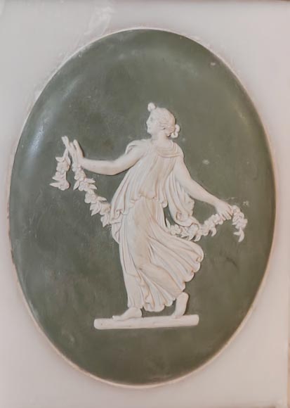 Victorian-style fireplace in statuary marble, featuring Ionic half-columns and a Wedgwood-style medallion decoration Victorian-style fireplace in statuary marble, featuring Ionic half-columns and a Wedgwood-style medallion decoration-13
