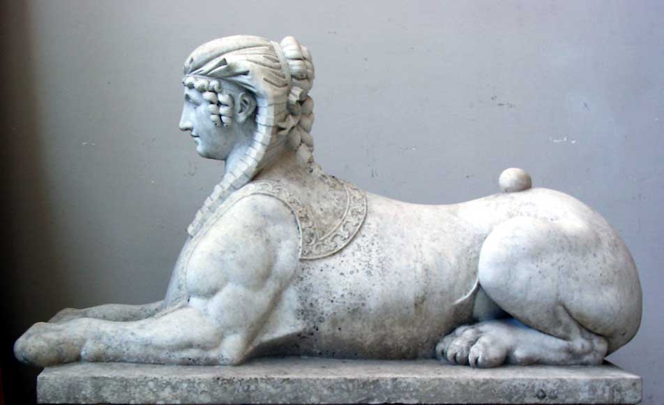 Exceptional pair of neoclassical sphinxes in Carrare marble-0