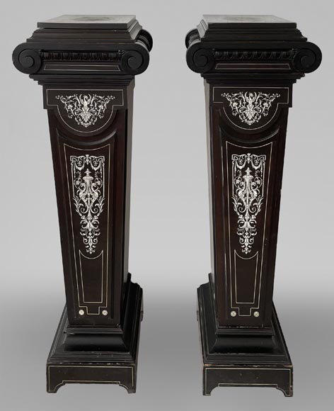 Charles Hunsinger, Pair of ebony stands with bone marquetry decoration-0