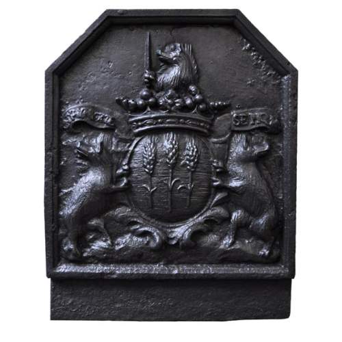 Antique cast iron fireback with French royal coats of arms and cherubs ...