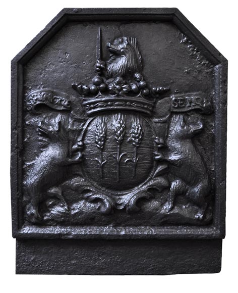 Antique cast iron Fireback with Berthet de Gorze family's coat of arms and with the family's motto 