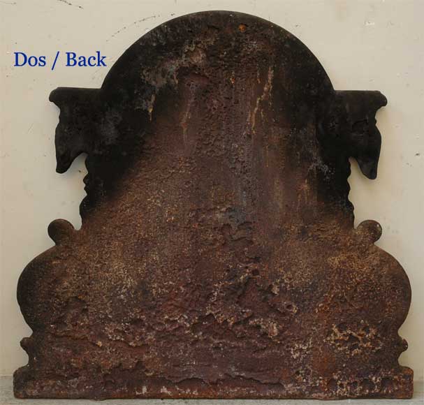 Antique cast iron fireback with the Le Juge family coat of arms and two dogs-7