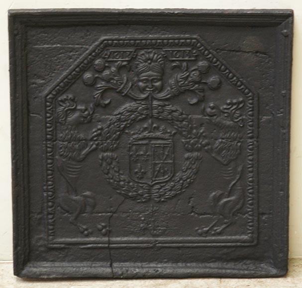 Antique cast iron fireback with France and Navarra coat of arms dated 1613-0