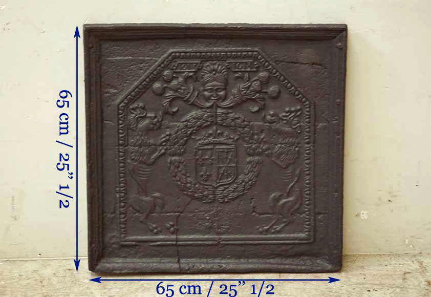Antique cast iron fireback with France and Navarra coat of arms dated 1613-6