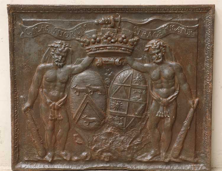 Antique cast iron fireback with De Jannel de Belval family coat of arms-0