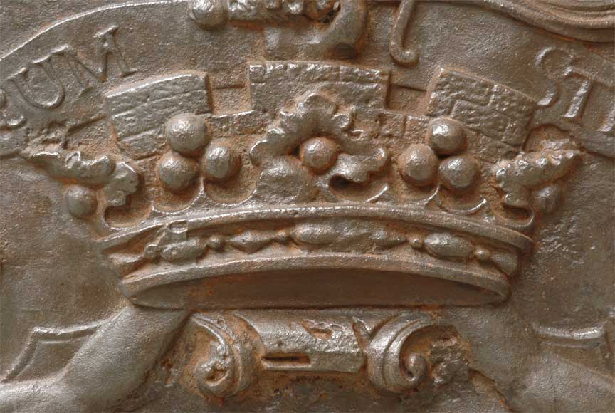 Antique cast iron fireback with De Jannel de Belval family coat of arms-1