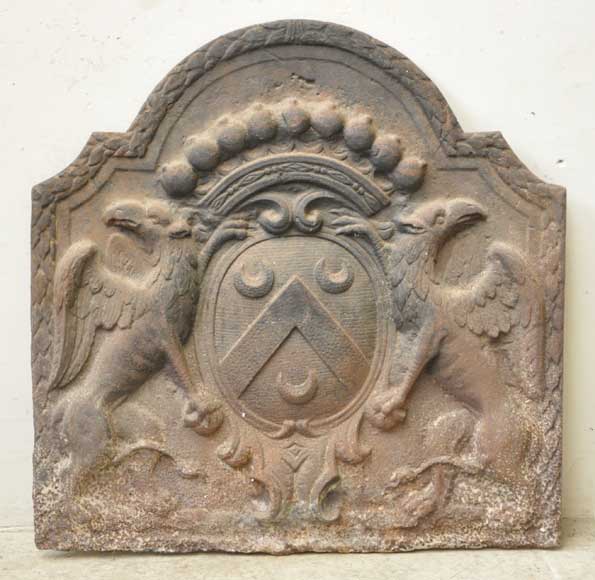 Antique cast iron fireback with Gaullier de la Selle coat of arms-0