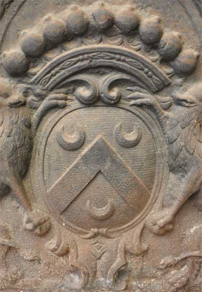 Antique cast iron fireback with Gaullier de la Selle coat of arms-1