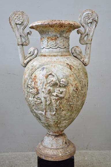Antique pair of cast iron vases with putti-1