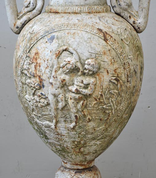 Antique pair of cast iron vases with putti-2