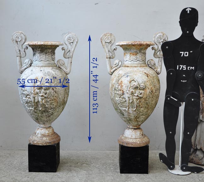 Antique pair of cast iron vases with putti-7