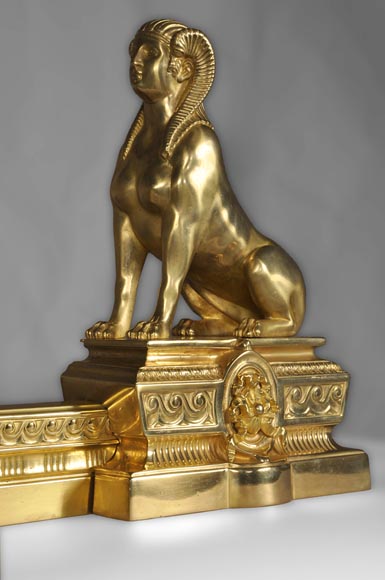 Antique firedog with sphinges decoration in golden bronze-5