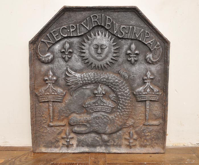 Antique cast iron fireback with Louis XIV motto "Nec Pluribus Impar