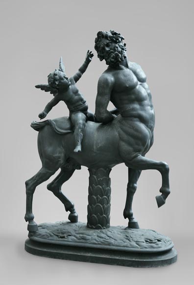 "Old centaur teased by Eros", antique garden statue in cast iron