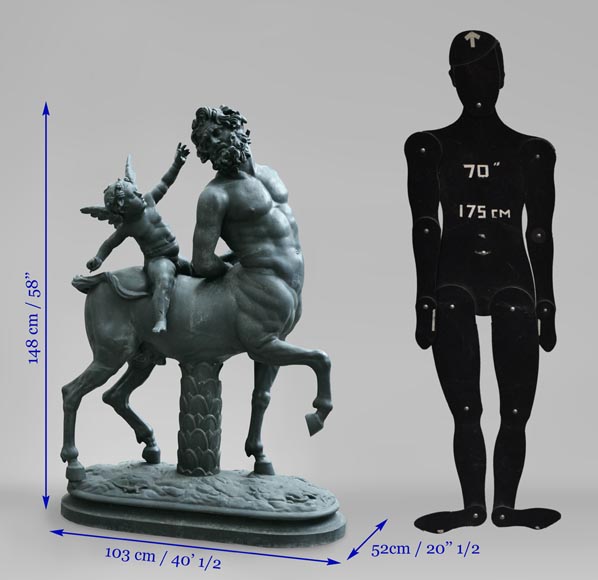  "Old centaur teased by Eros", antique garden statue in cast iron