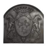 Cast iron fireback with roosters and lions decoration