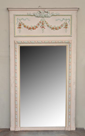 Antique Louis XVI pierglass with pomychrome stucco decoration representing garlands of flowers-0